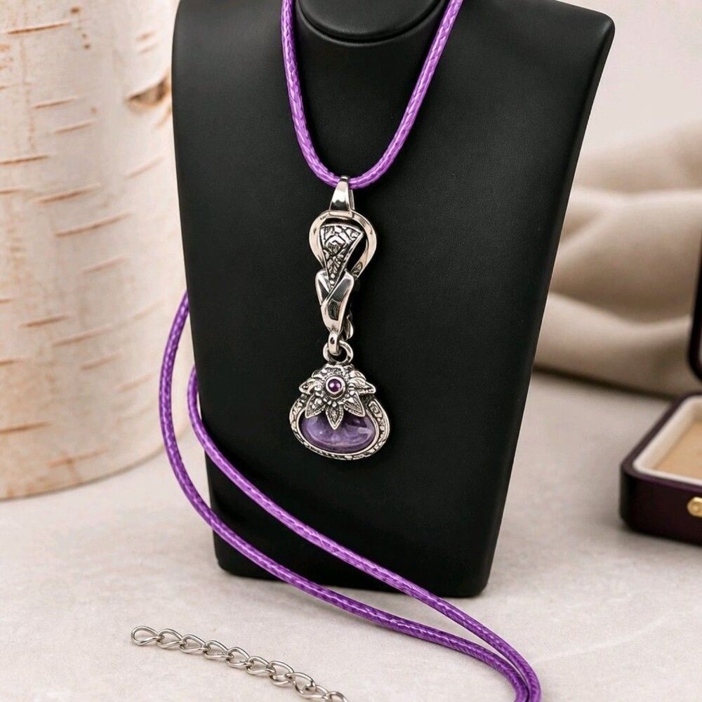 Art Nouveau Ornate Silver & Purple Crystals Handcrafted Charm Necklace